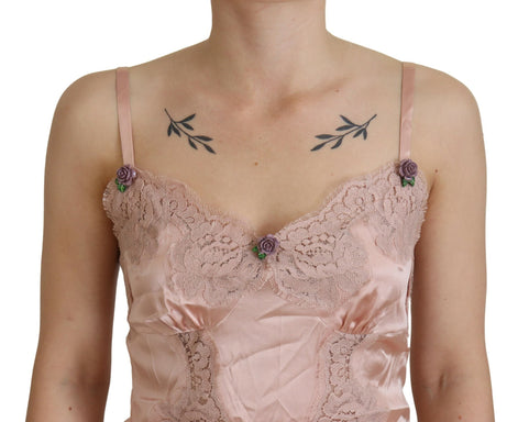 Dolce & Gabbana Pink Satin Lace Roses Tank Top Lingerie Dolce & Gabbana