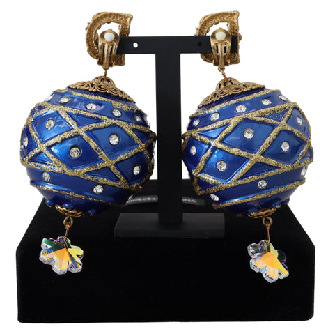 Dolce & Gabbana Gold Brass Blue Dangle Ball Crystal Clip On Earrings Dolce & Gabbana