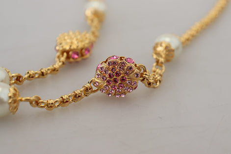 Dolce & Gabbana Gold Tone Floral Crystals Pink Embellished Necklace Dolce & Gabbana