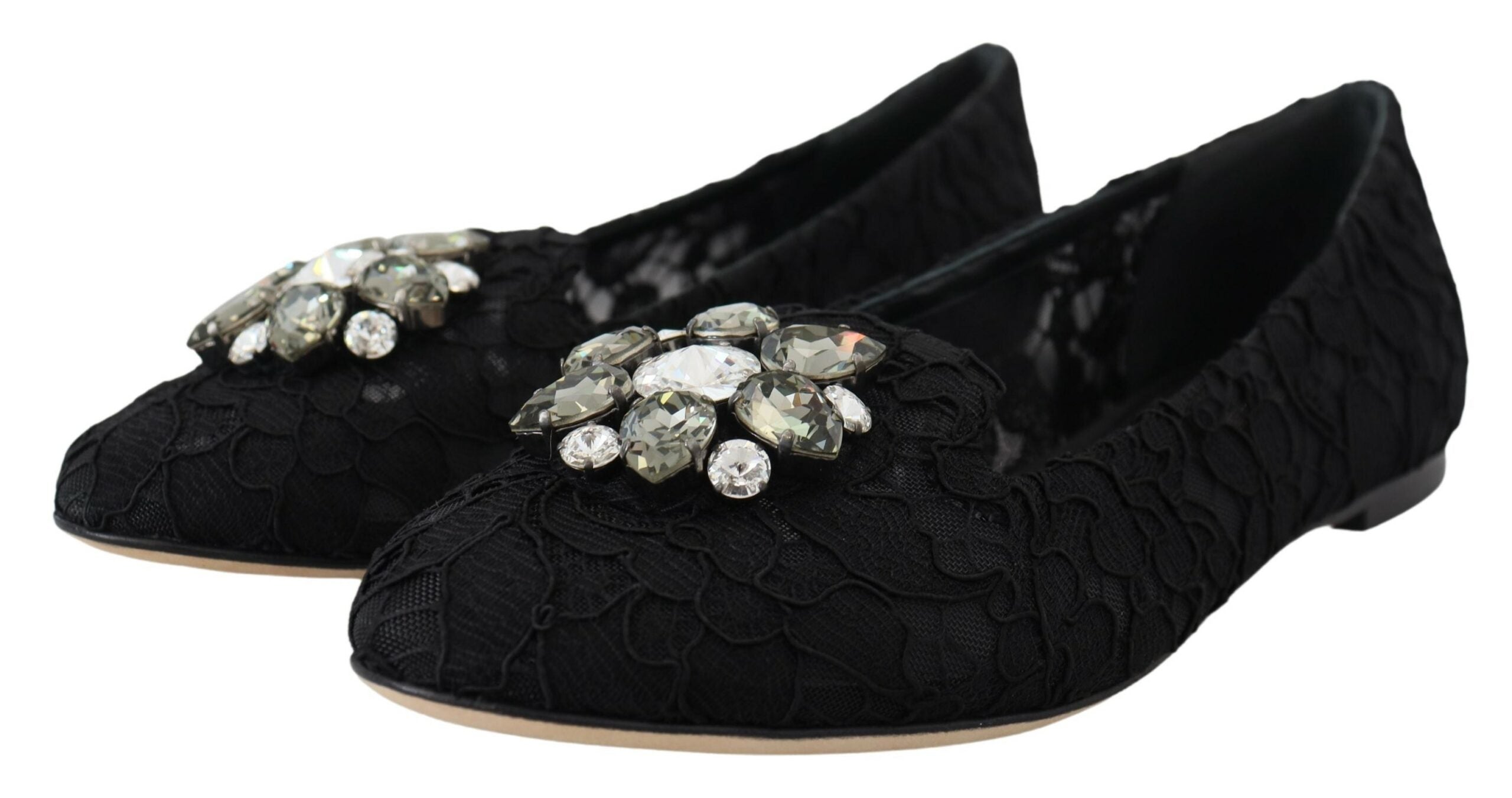 Dolce & Gabbana Black Taormina Lace Crystals Flats Shoes Dolce & Gabbana