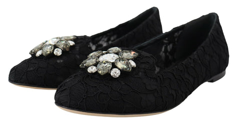 Dolce & Gabbana Black Taormina Lace Crystals Flats Shoes Dolce & Gabbana