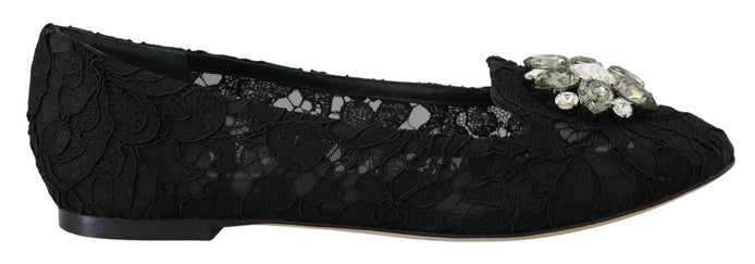 Dolce & Gabbana Black Taormina Lace Crystals Flats Shoes Dolce & Gabbana
