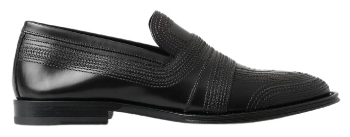 Dolce & Gabbana Black Leather Slipper Loafers Stitched Shoes Dolce & Gabbana