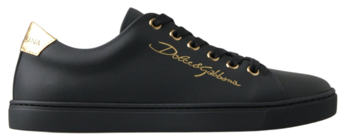 Dolce & Gabbana Black Gold Leather Classic Sneakers Shoes Dolce & Gabbana