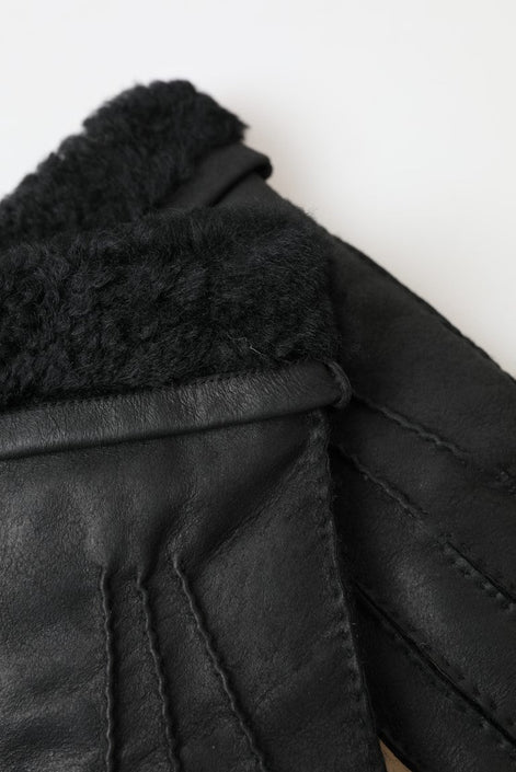 Dolce & Gabbana Black Leather Fur Short Hands Mitten Men Gloves Dolce & Gabbana
