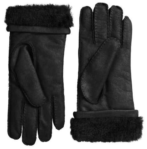 Dolce & Gabbana Black Leather Fur Short Hands Mitten Men Gloves Dolce & Gabbana