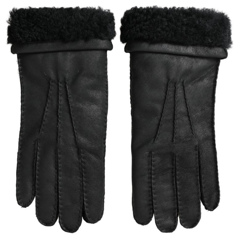Dolce & Gabbana Black Leather Fur Short Hands Mitten Men Gloves Dolce & Gabbana
