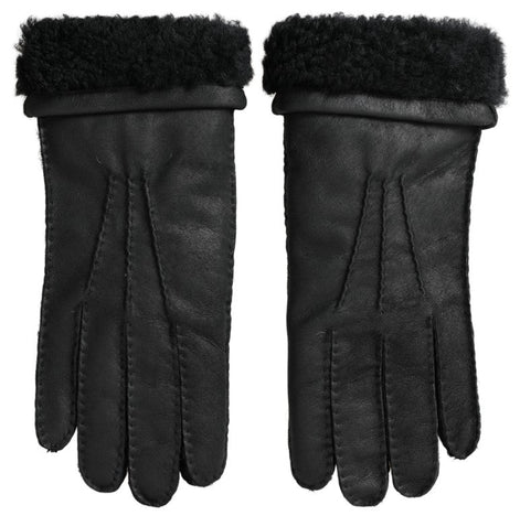 Dolce & Gabbana Black Leather Fur Short Hands Mitten Men Gloves Dolce & Gabbana