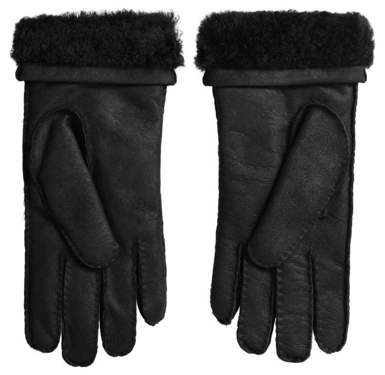 Dolce & Gabbana Black Leather Fur Short Hands Mitten Men Gloves Dolce & Gabbana