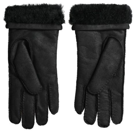 Dolce & Gabbana Black Leather Fur Short Hands Mitten Men Gloves Dolce & Gabbana