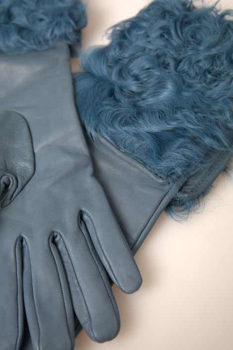 Dolce & Gabbana Blue Leather Fur Mid Arm Length Gloves Dolce & Gabbana