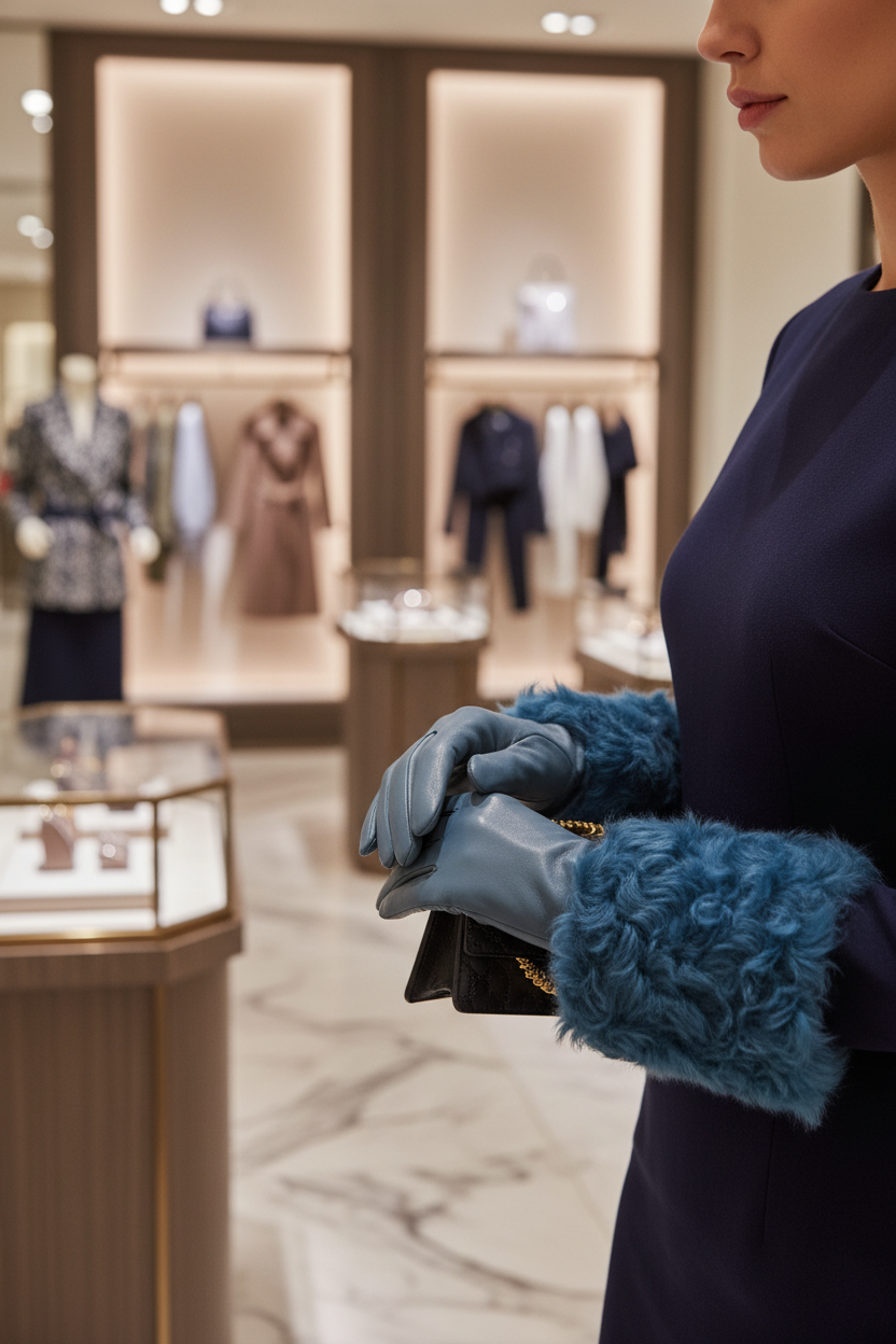 Gants mi-longs en cuir bleu et fourrure Dolce & Gabbana