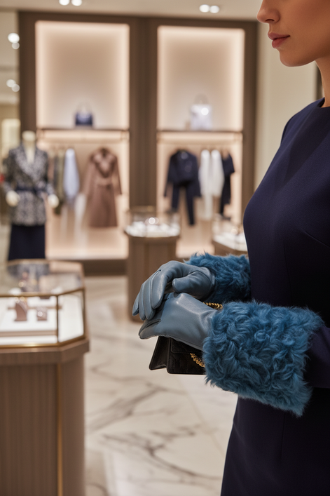 Gants mi-longs en cuir bleu et fourrure Dolce &amp; Gabbana