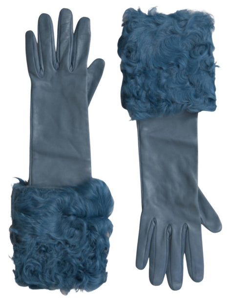 Dolce & Gabbana Blue Leather Fur Mid Arm Length Gloves Dolce & Gabbana
