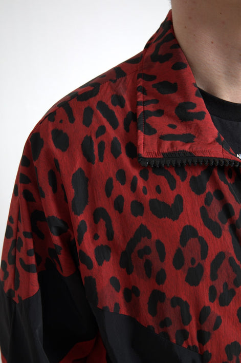 Dolce & Gabbana Red Leopard Nylon Full Zip Sweater Dolce & Gabbana