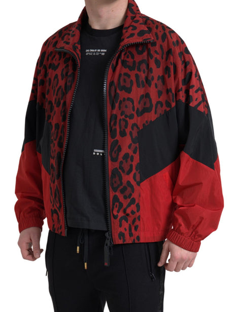 Dolce & Gabbana Red Leopard Nylon Full Zip Sweater Dolce & Gabbana