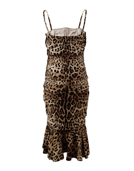 Dolce & Gabbana Brown Leopard Print Ruched Midi Dress Dolce & Gabbana
