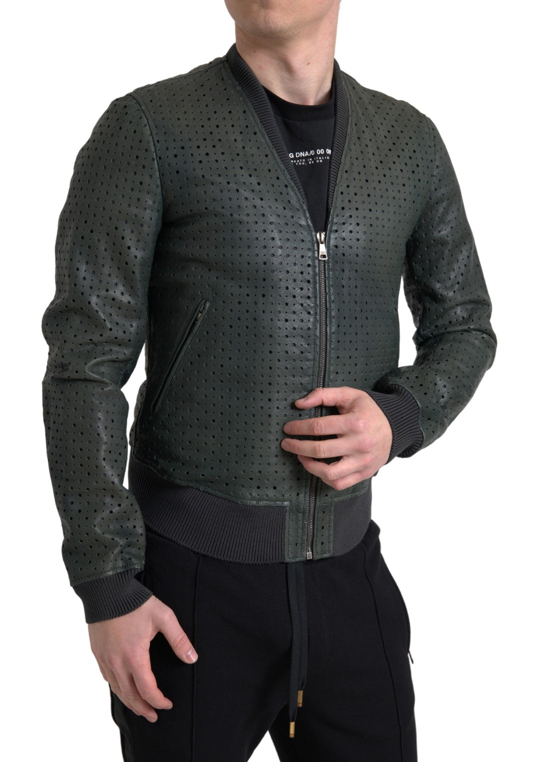 Dolce & Gabbana Green Perforated Leather Bomber Jacket Dolce & Gabbana