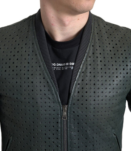 Dolce & Gabbana Green Perforated Leather Bomber Jacket Dolce & Gabbana