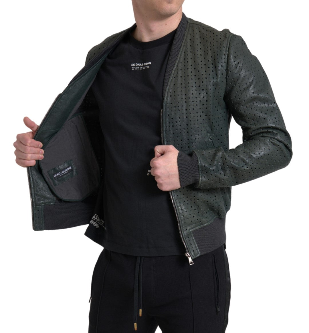 Dolce & Gabbana Green Perforated Leather Bomber Jacket Dolce & Gabbana