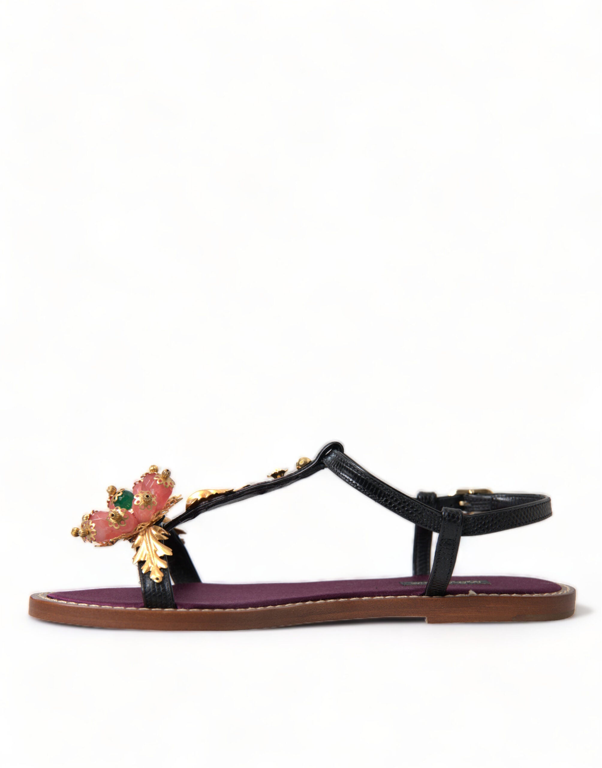 Dolce & Gabbana Black Crystal Gold Sandals Leather Shoes Dolce & Gabbana