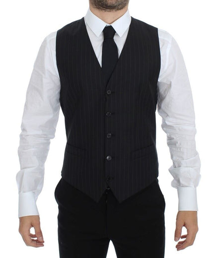 Dolce & Gabbana Black Striped Wool Silk Dress Vest Gilet Dolce & Gabbana
