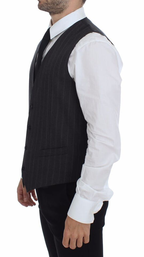 Dolce & Gabbana Gray Striped Wool Logo Vest Gilet Weste Dolce & Gabbana