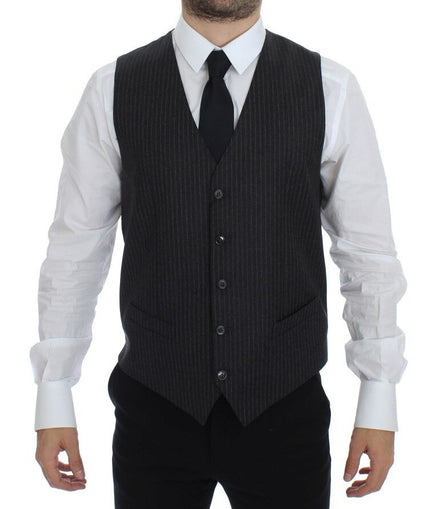 Dolce & Gabbana Gray Striped Wool Single Breasted Vest Dolce & Gabbana