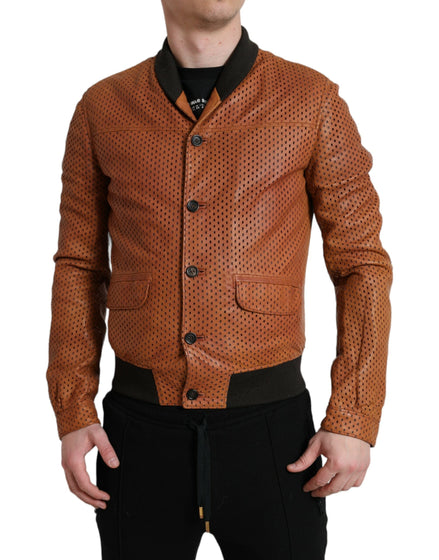Dolce & Gabbana Brown Lambskin Leather Perforated Jacket Dolce & Gabbana