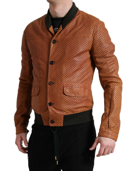 Dolce & Gabbana Brown Lambskin Leather Perforated Jacket Dolce & Gabbana