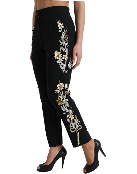 Dolce & Gabbana Black Floral Applique High Waist Tapered Pants Dolce & Gabbana