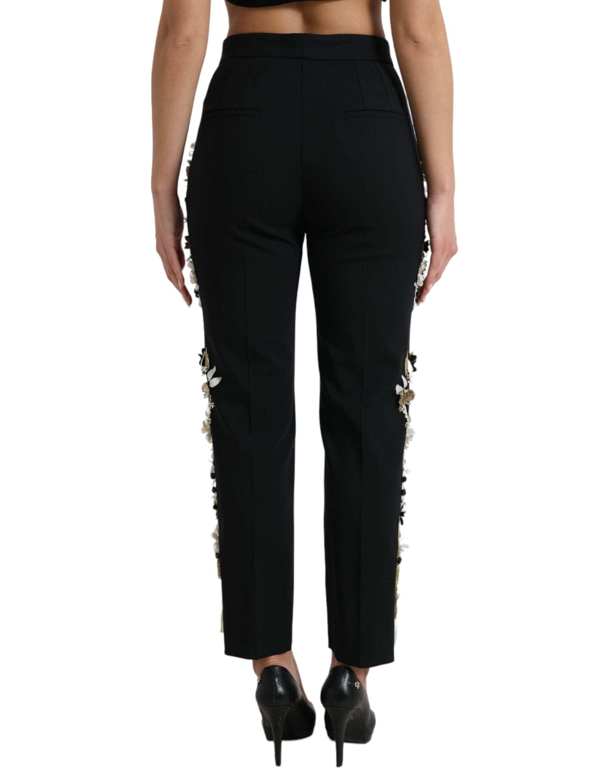 Dolce & Gabbana Black Floral Applique High Waist Tapered Pants Dolce & Gabbana