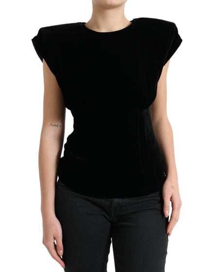 Dolce & Gabbana Black Velvet Fitted Padded Shoulder Blouse Top Dolce & Gabbana