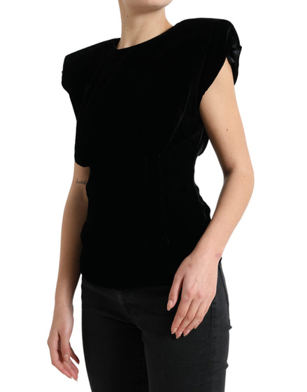Dolce & Gabbana Black Velvet Fitted Padded Shoulder Blouse Top Dolce & Gabbana