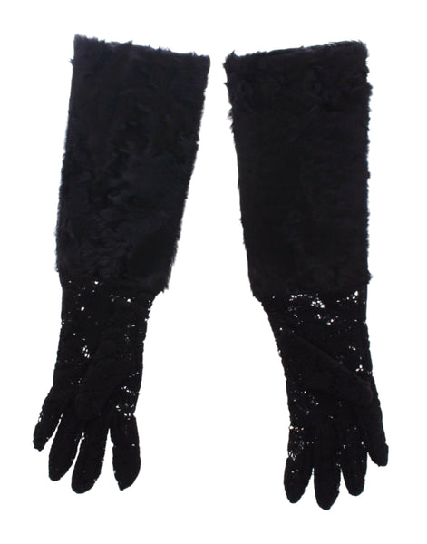 Dolce & Gabbana Black Lace Wool Lambskin Fur Elbow Gloves Dolce & Gabbana
