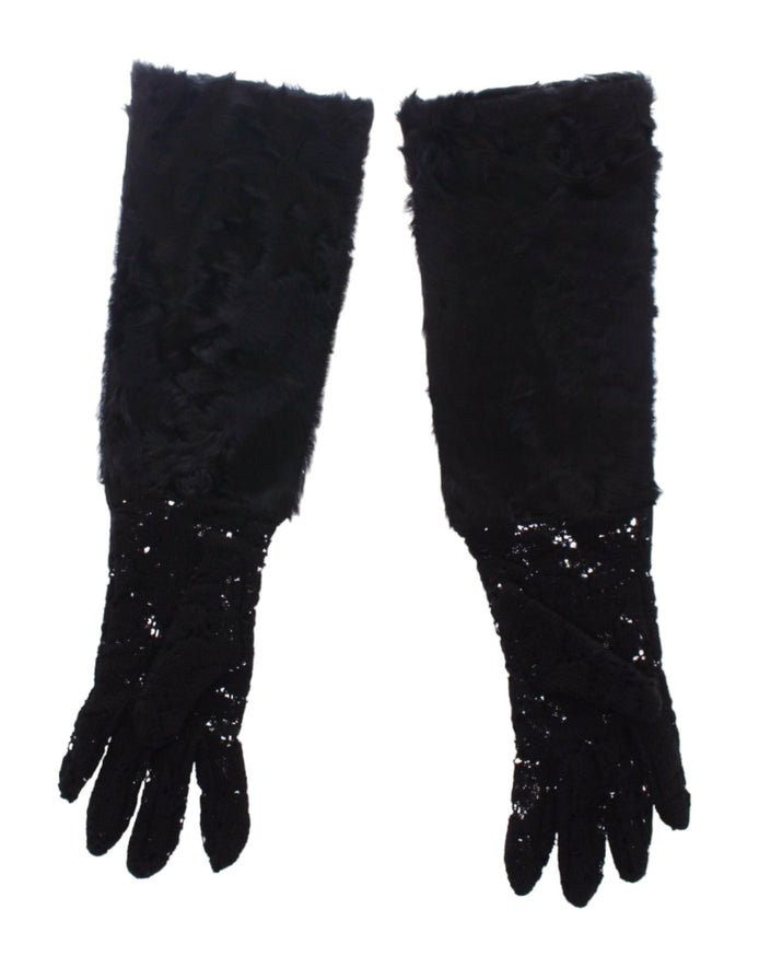 Dolce & Gabbana Black Lace Wool Lambskin Fur Elbow Gloves Dolce & Gabbana