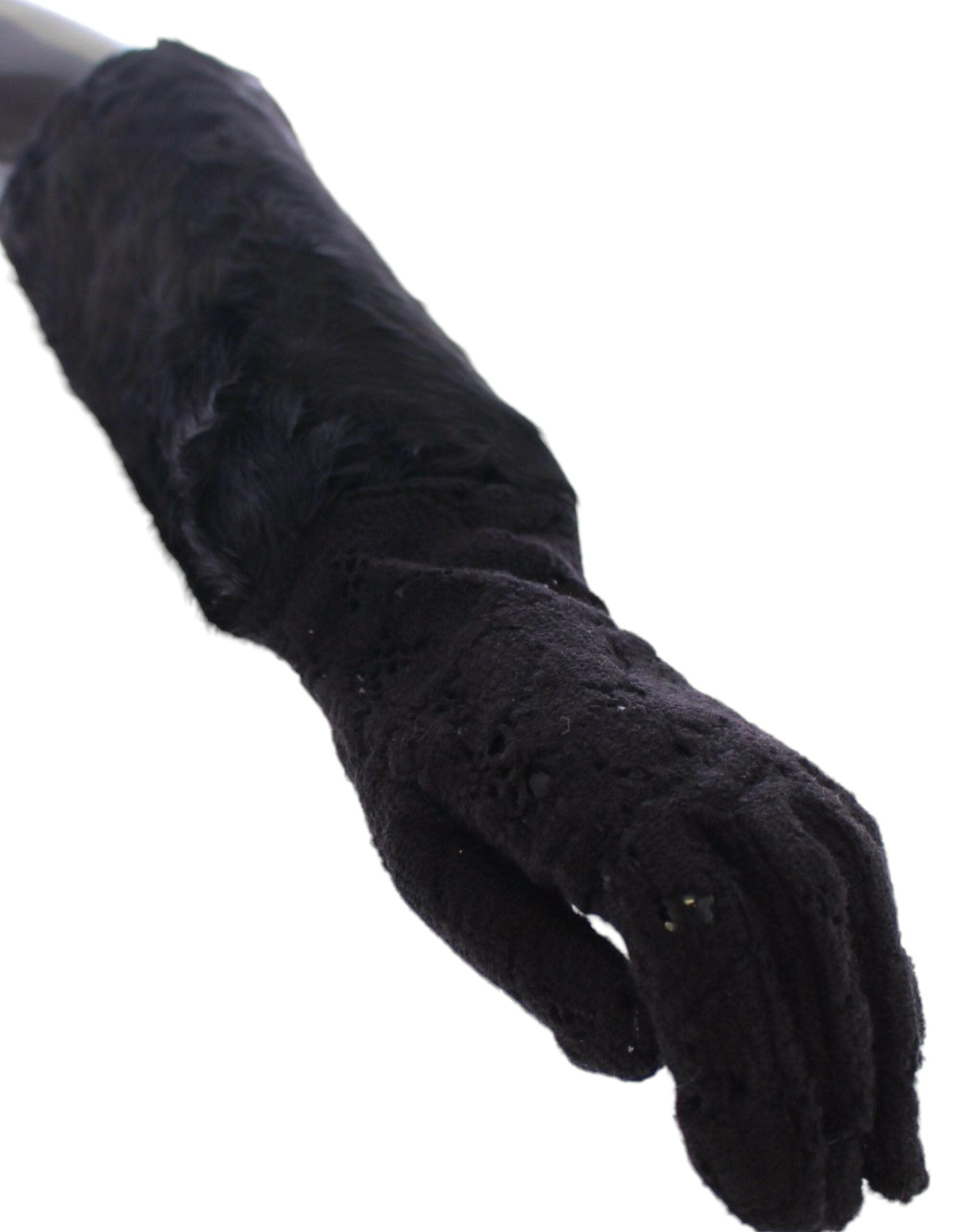 Dolce & Gabbana Black Lace Wool Lambskin Fur Elbow Gloves Dolce & Gabbana
