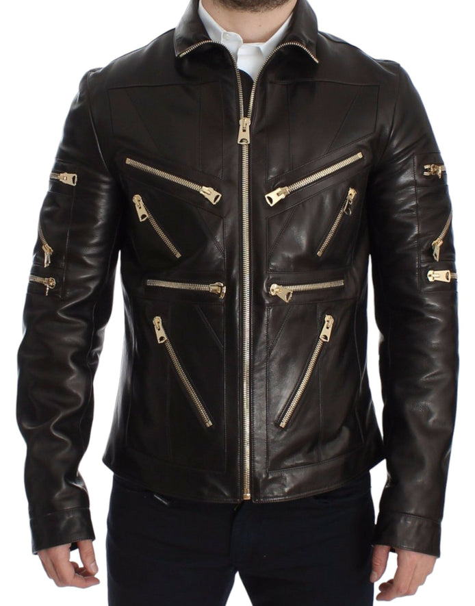Dolce & Gabbana Brown Lambskin Leather Zipper Jacket Dolce & Gabbana