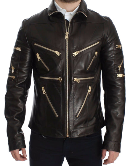 Dolce & Gabbana Brown Lambskin Leather Zipper Jacket Dolce & Gabbana