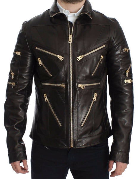 Dolce & Gabbana Brown Lambskin Leather Zipper Jacket Dolce & Gabbana