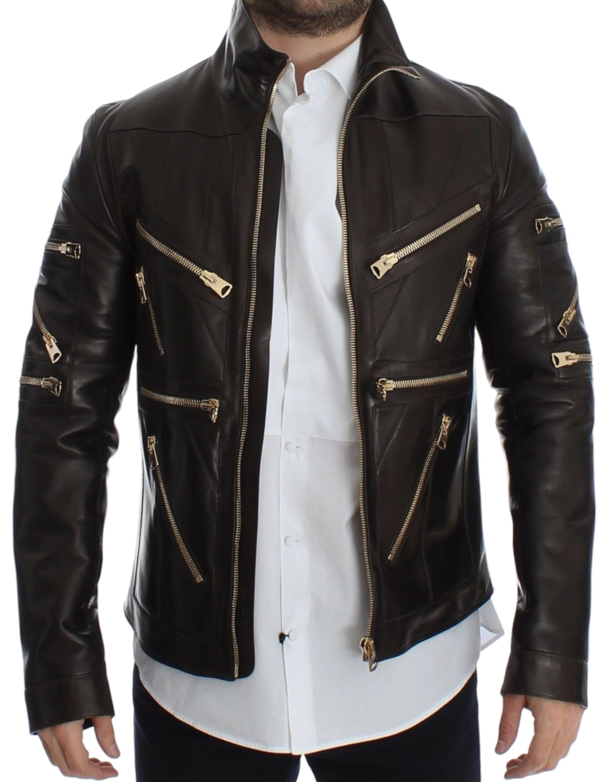 Dolce & Gabbana Brown Lambskin Leather Zipper Jacket Dolce & Gabbana