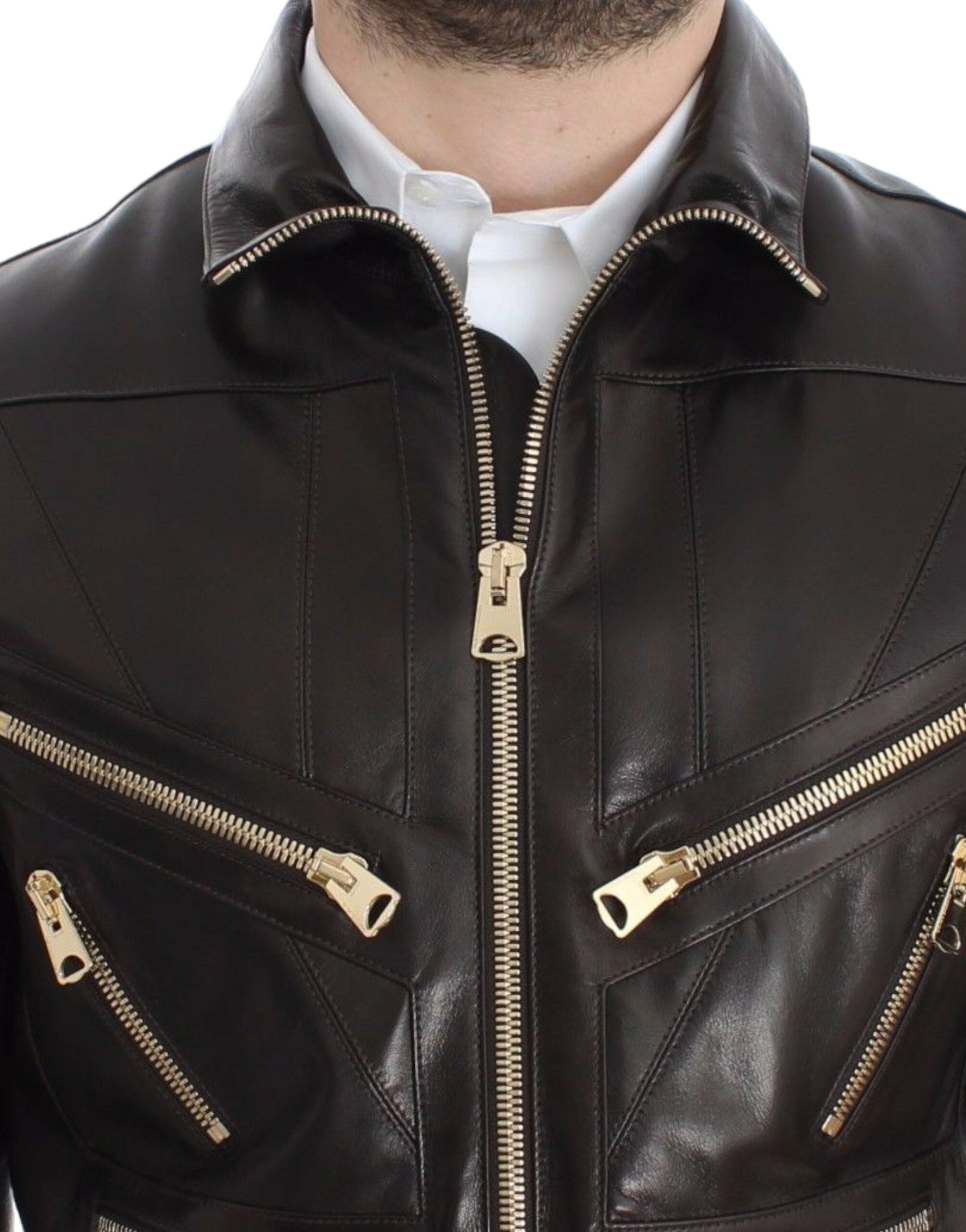 Dolce & Gabbana Brown Lambskin Leather Zipper Jacket Dolce & Gabbana