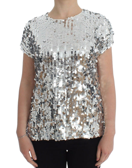Dolce & Gabbana Silver Sequined Crewneck Blouse T-shirt Top Dolce & Gabbana