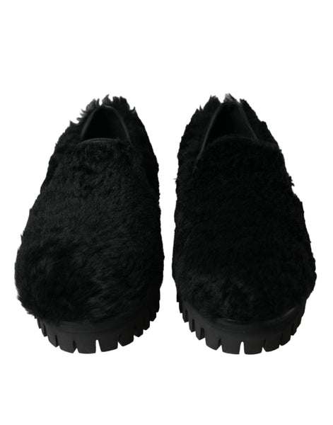 Dolce & Gabbana Black Fur Leather Slippers Dress Shoes Dolce & Gabbana