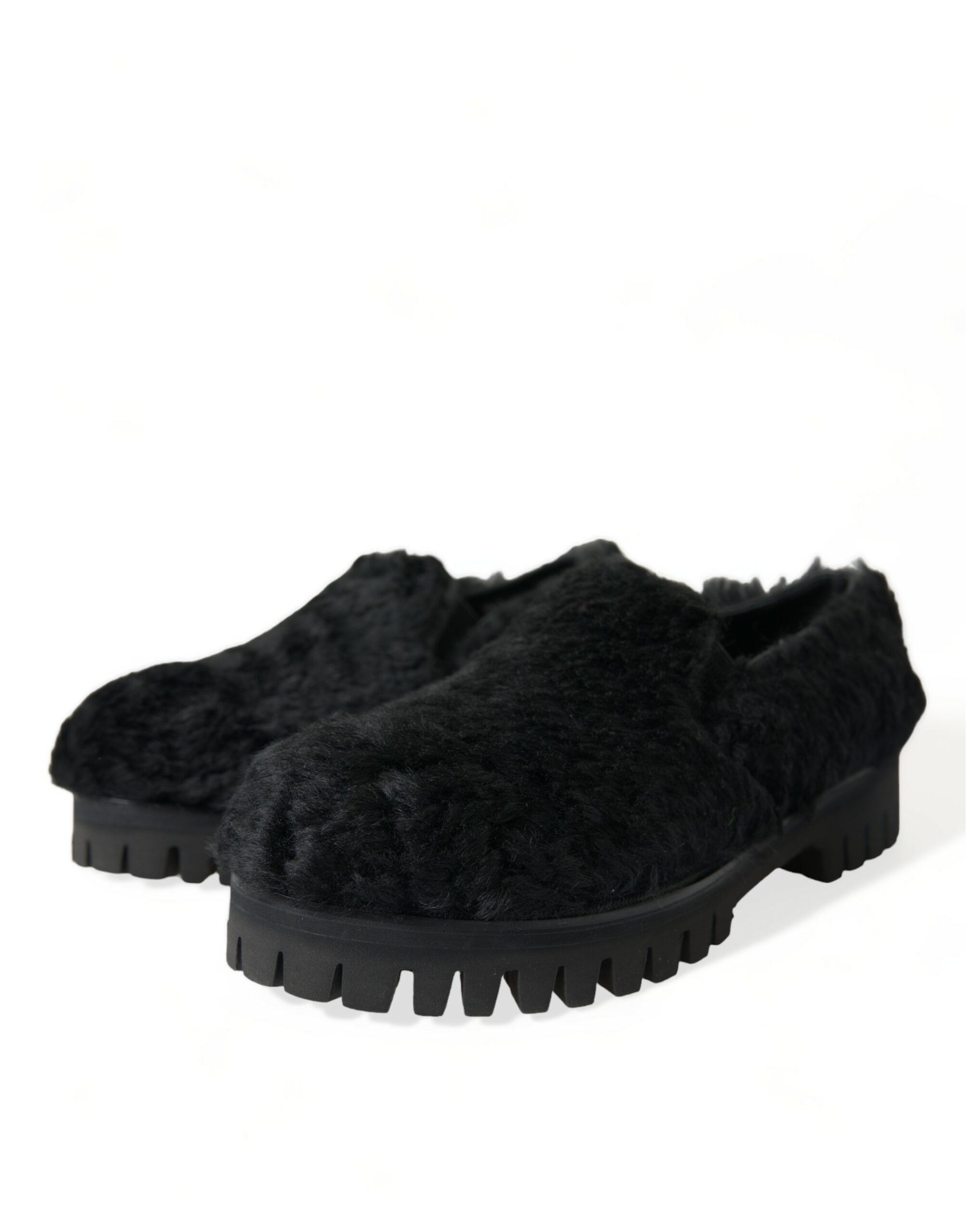 Dolce & Gabbana Black Fur Leather Slippers Dress Shoes Dolce & Gabbana