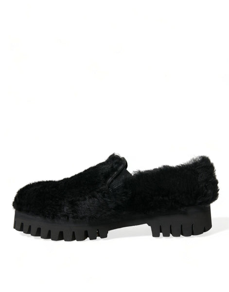 Dolce & Gabbana Black Fur Leather Slippers Dress Shoes Dolce & Gabbana