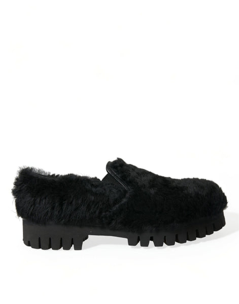 Dolce & Gabbana Black Fur Leather Slippers Dress Shoes Dolce & Gabbana