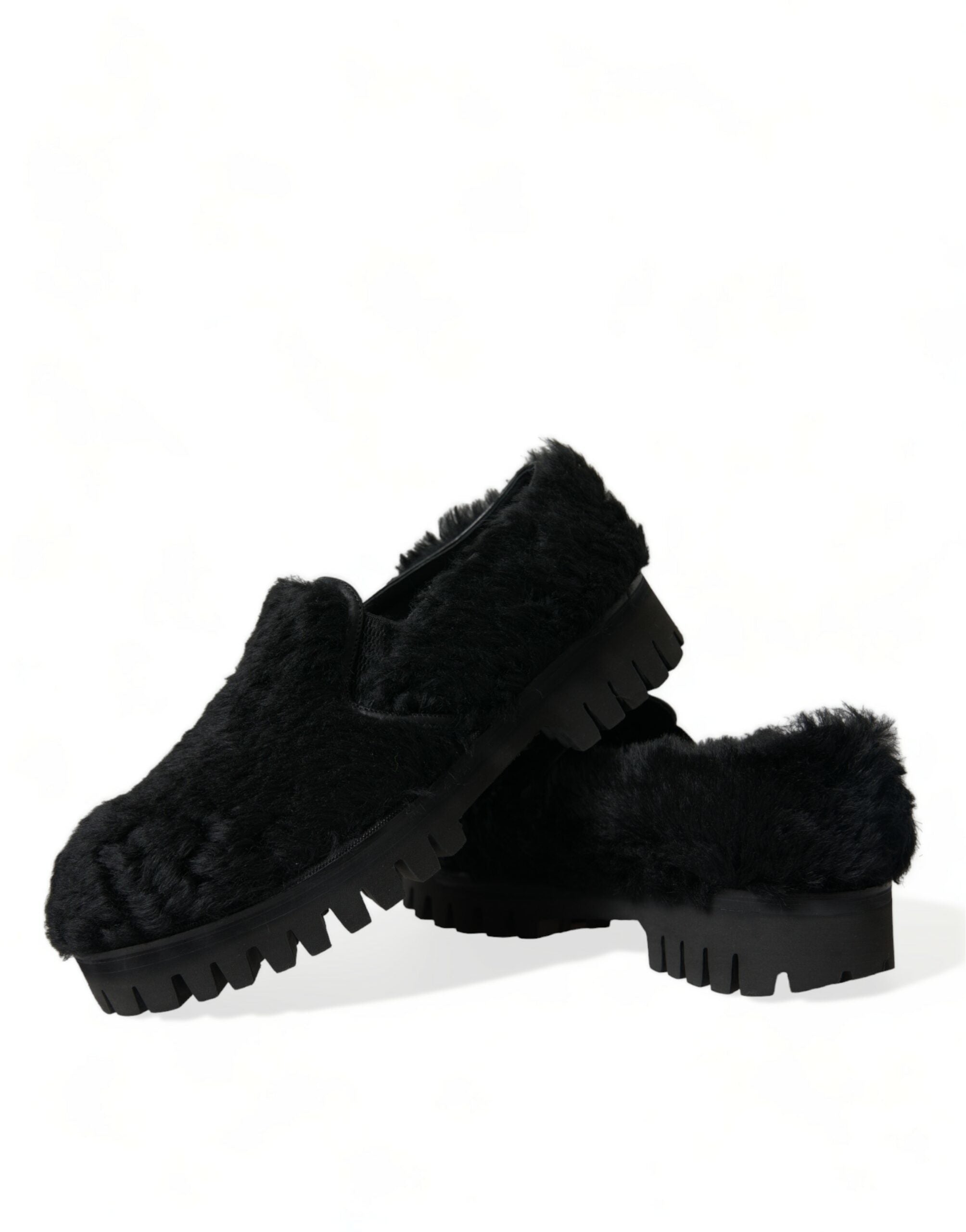 Dolce & Gabbana Black Fur Leather Slippers Dress Shoes Dolce & Gabbana
