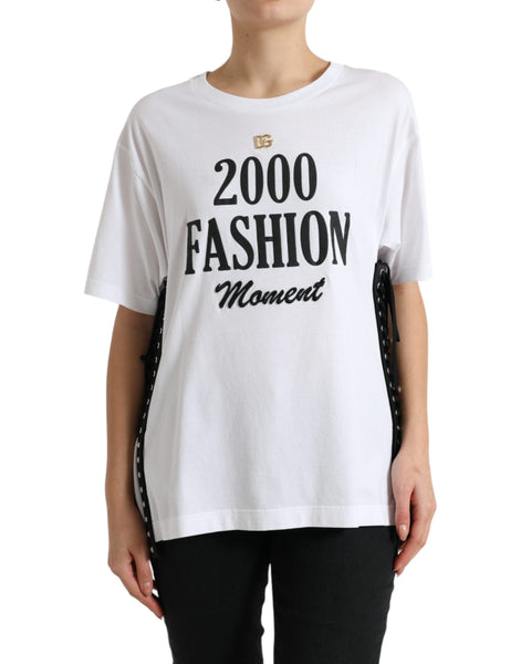 Dolce & Gabbana White Slogan Print Lacing Detailed T-shirt Dolce & Gabbana