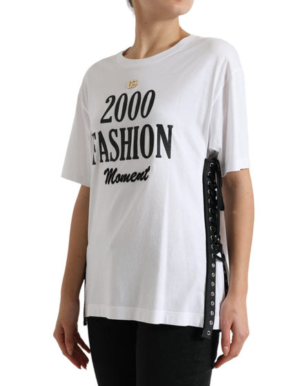Dolce & Gabbana White Slogan Print Lacing Detailed T-shirt Dolce & Gabbana